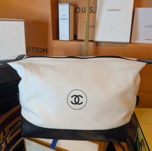 CHANEL Black and White Canvas & Leather. Pouch/Cosmetic Bag/Large Clutch